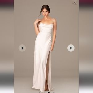 rosabel cowl neck satin gown with spaghetti straps